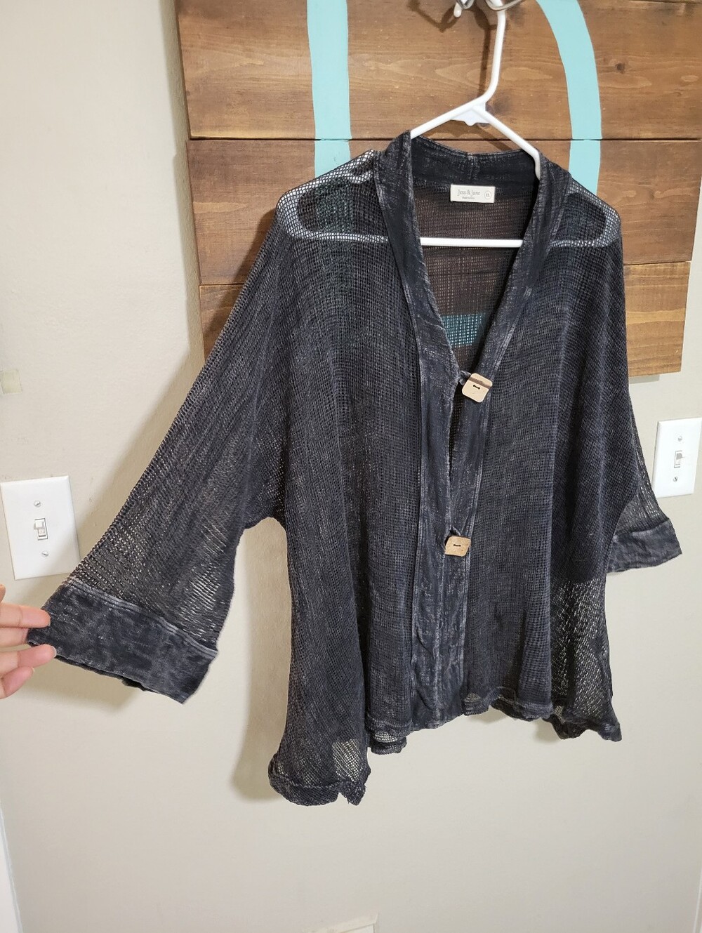 Jess & Jane Mineral Wash Charcoal Cotton Mesh Button Front Lagenlook Cardigan - Picture 2 of 8
